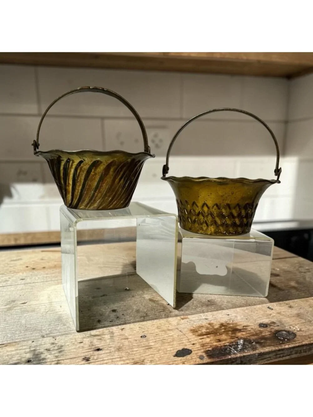 Solid Brass Decorative Basket Set With Handles - Made In India - Vintage Texture